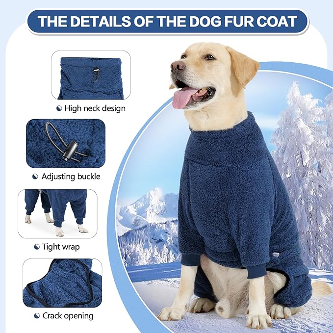Dog Winter Coat, Warm Fleece Dog Jacket, Windproof Pullover Jumpsuit, Full Body Pajamas Onesie, Cold Weather Clothes for Medium Large Dog(XL,NavyBlue)