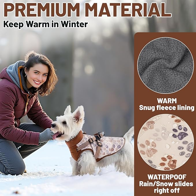 Dog Winter Coat for Small & Medium Dogs (Up to 32lb), Waterproof Dog Coat with Harness, Puppies Windproof Puppy Puffer Jacket, Snowsuit for Dachshund,Frenchie, Corgi (Paw Brown, Small)