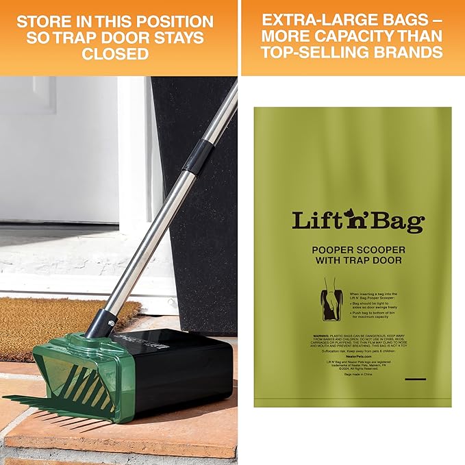 Neater Pet Brands Lift N’ Bag 2.0 Dog Pooper Scooper with Bag Attachment & 27" Pole for Small to Large Dogs, New & Improved Design, 195 Refill Bags, Heavy Duty Dog Poop Scooper for Yard, One-Hand Use