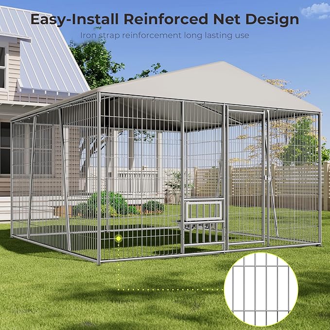 10 x 10 x 7FT Large Outdoor Dog Kennel with Large Feeding Bowls, Dog Kennel Outside with Roof, Galvanized Heavy Duty Chain Link Outdoor Dog Run Cage with Cover and Secure Lock