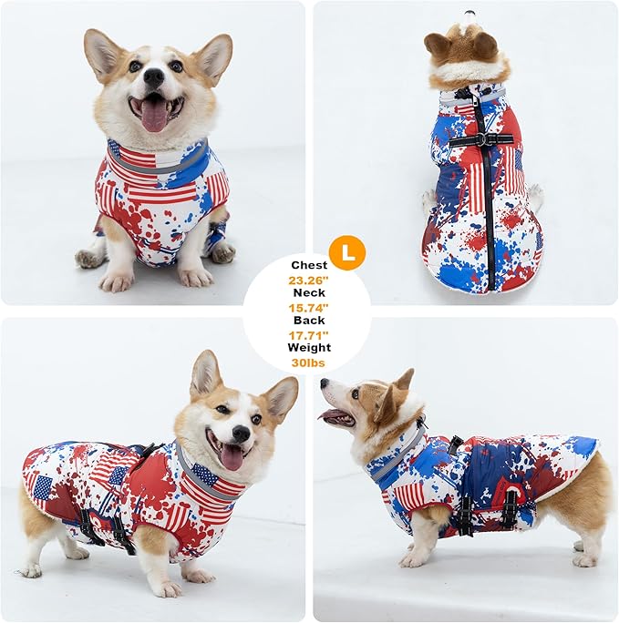 Dog Coat with Harness Built-in, Waterproof Reflective Fleece Lined - Warm Windproof Winter Jacket with Back Zipper, Cold Weather Snow Dog Coats - American Flag - L