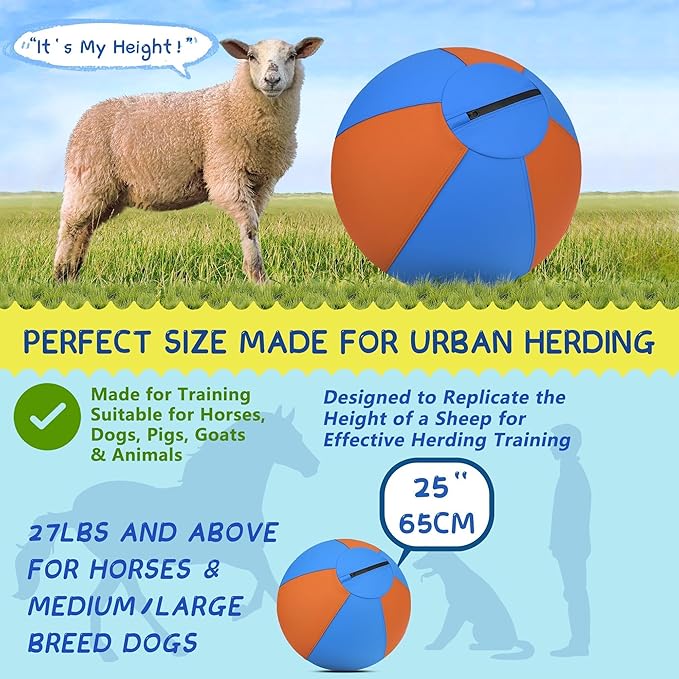 Herding Ball for Dogs - 25" Large Herding Ball with Anti-Burst Cover and Pump, Outdoor Dog Exercise Toy for Australian Shepherd, German Shepherd, Collie (Blue & Orange)