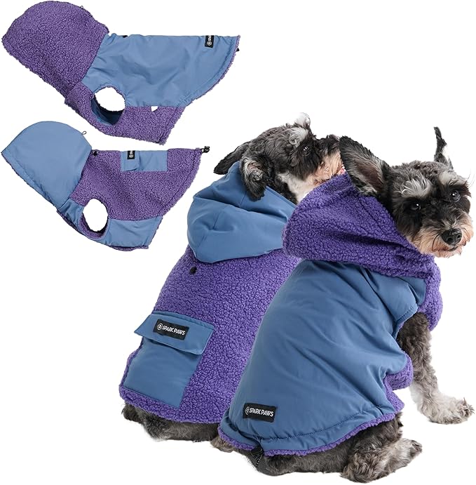 Spark Paws Reversible Dog Sweater, Sherpa Vest with Warm Fleece Lining, Warm Coat for Winter, Suitable for Small Medium, Large, XL XXL Dogs - Purple and Navy Blue - S
