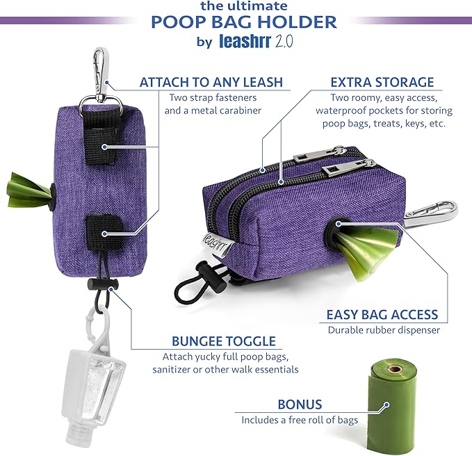 Dog Poop Bag Holder for Leashes - Dog Poop Bag Dispenser and Treat Holder with 2 Waterproof Pouches for Pet Waste Bags and Walking Accessories + 1 Free Roll - Leashrr 2.0 (Pink)