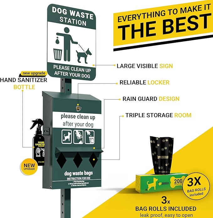 Pet Waste Station with Pedal - Includes 600 Roll Bags & 50 Can Liners - Glow in the Dark Dog Waste Station with Dog Poop Sign, Bag Dispenser, Hand Sanitizer Bottle & Outdoor Trash Can with Lid