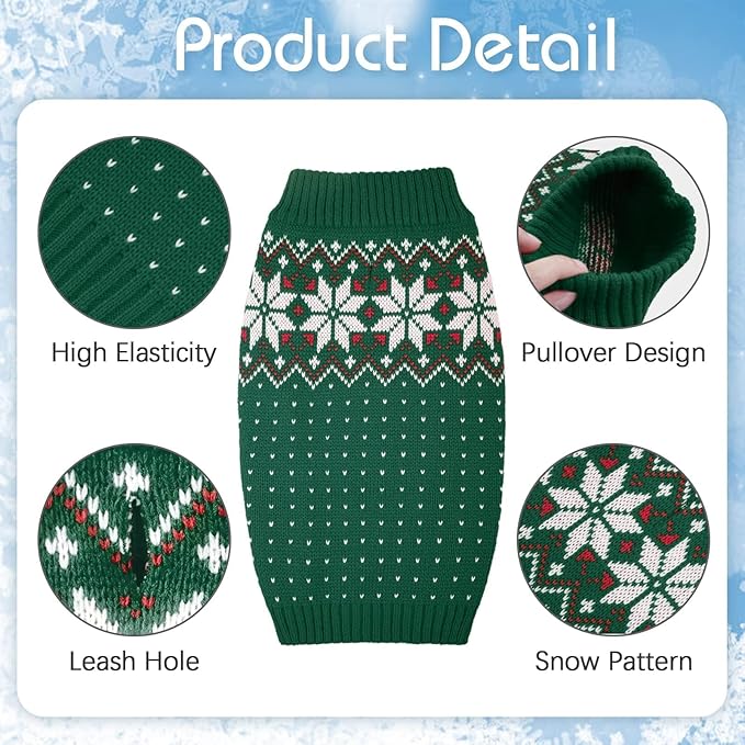 Kuoser Dog Sweater, Holiday Christmas Snowflake Pet Warm Knitwear Dog Sweaters Soft Puppy Clothing, Doggie Turtleneck Cold Weather Outfit Pullover for Small Medium Large Dogs Cats, Green L
