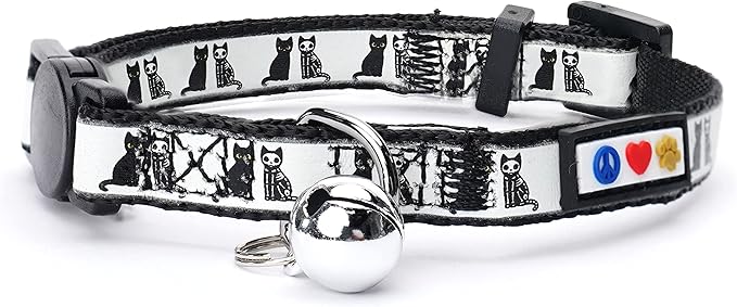 Pawtitas Halloween Cat Collars for Cats Adjustable Collar Glow in The Dark Feature and Safety Breakaway Buckle and Removable Bell to Match Your Halloween Cat's Costume - Black Cat Pattern