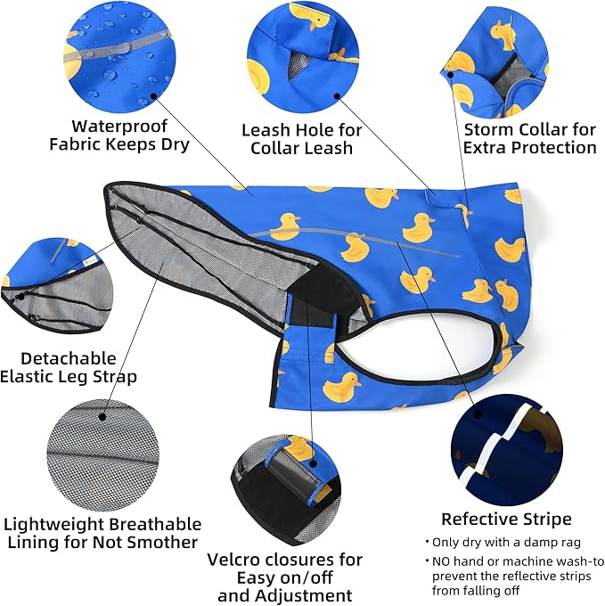 Mile High Life Dog Raincoat, Adjustable Waterproof Reflective Rain Jacket for Small Medium Large Dogs, Lightweight Breathable Pet Rain Coat with Leash Hole(Blue Duck,M Chest 26-32")