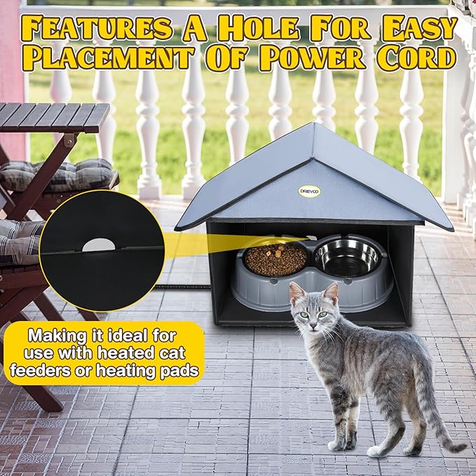 Dreyoo 1 Pack Outdoor Cat Feeding Station for Food & Water, Weatherproof Outdoor Kitty Dining Room Cat Shelter for Stray, Feral Cats and Community Cats, 13”d x 17”w x 15.5'h (Dusty Blue)