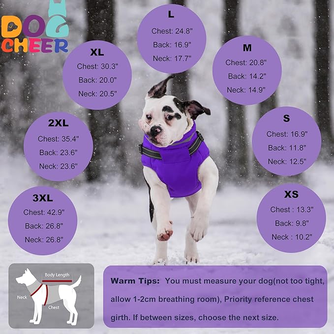 Dogcheer Dog Coat with Harness, Waterproof Warm Dog Winter Jacket with Pockets, Reflective Pet Fleece Jacket Turtleneck Snowsuit for Small Medium Large Dogs - Purple, 2XL