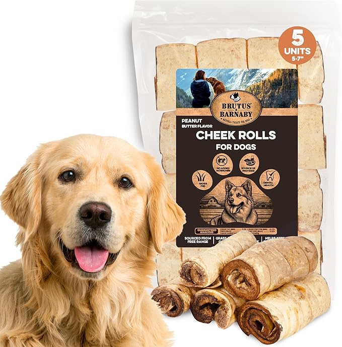 Premium Beef Cheek Rolls for Dogs 5-7" - (5-Pack), Peanut Butter Flavored Long Lasting, Safe & Natural Rawhide Alternative Chews, Ideal for Large Dogs & Aggressive Chewers, Supports Dental Health