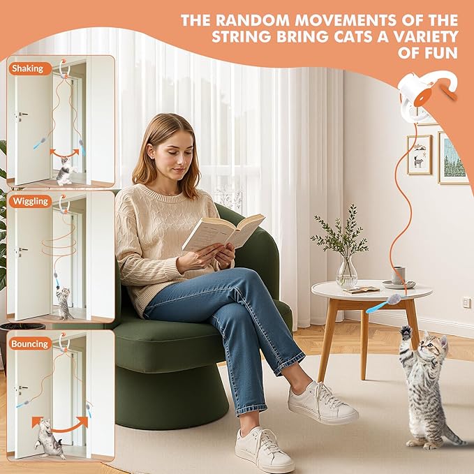 Interactive Cat Toys for Indoor Cats, Automatic Electric Flying Bird Feather Wand Toy, Best Kitten & Adult Cat Enrichment Toy Hanging Electric Kitty Toys for Bored Cats, Orange