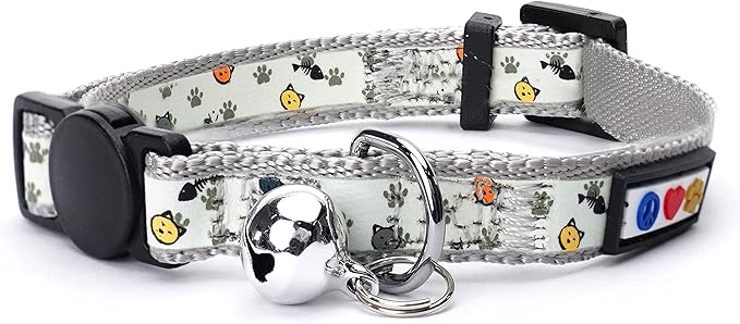 Pawtitas Pet Glow In The Dark Cat Collar with Safety Buckle and Bell Grey Hook