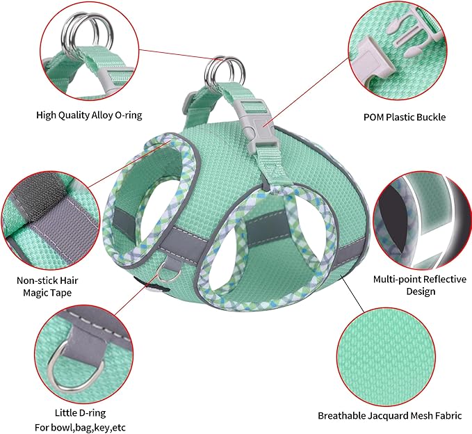 AIITLE Small Dog Harness - Breathable Double-Layer Jacquard No-Choke Vest, Durable Anti-Tear Fabric with Reflective Trim - Perfect for Running, Parties, Daily Walks (Turquoise, XS)