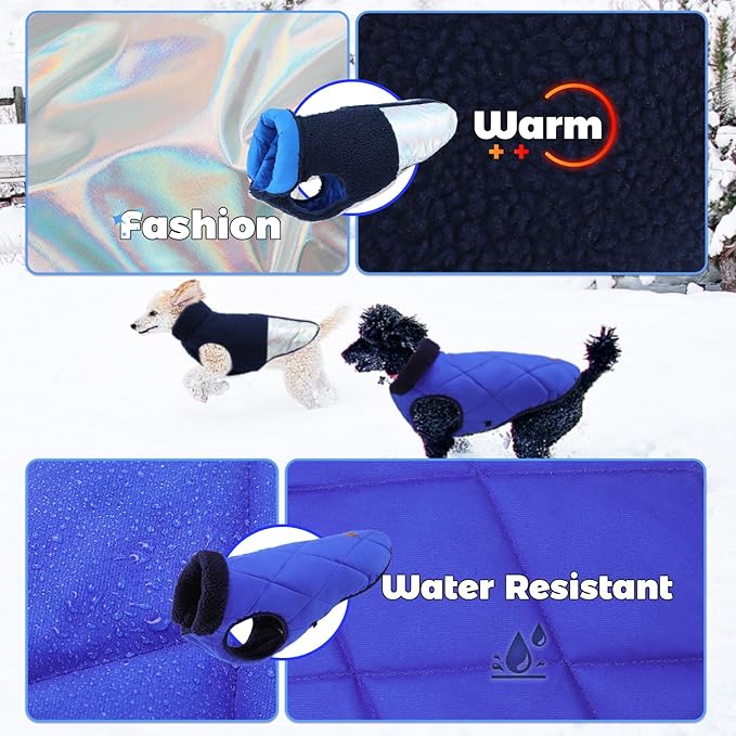 EMUST Dog Jacket, Warm Reversible Dog Winter Coat with Fleece Lining, Thick Plush Puppy Coats, Royal Blue, XL