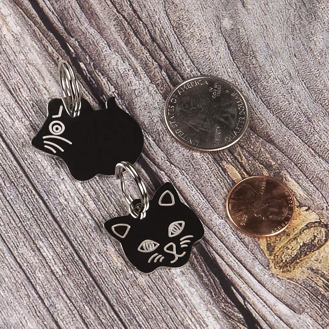 Stainless Steel Cat ID Tags - Engraved Personalized Tags with up to 4 Lines of Text, Cat Shape