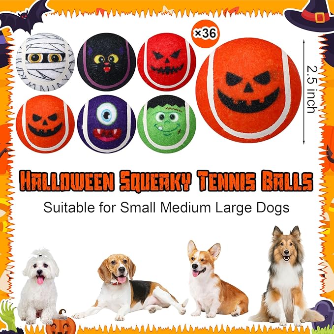 Civaner 36 Pcs Halloween Dog Toys Bulk, 2.5 Inch Squeaky Tennis Balls for Small Medium Large Dogs Pets Puppy Chew Teething Toy Interactive Training Gifts Xmas Stocking Stuffers