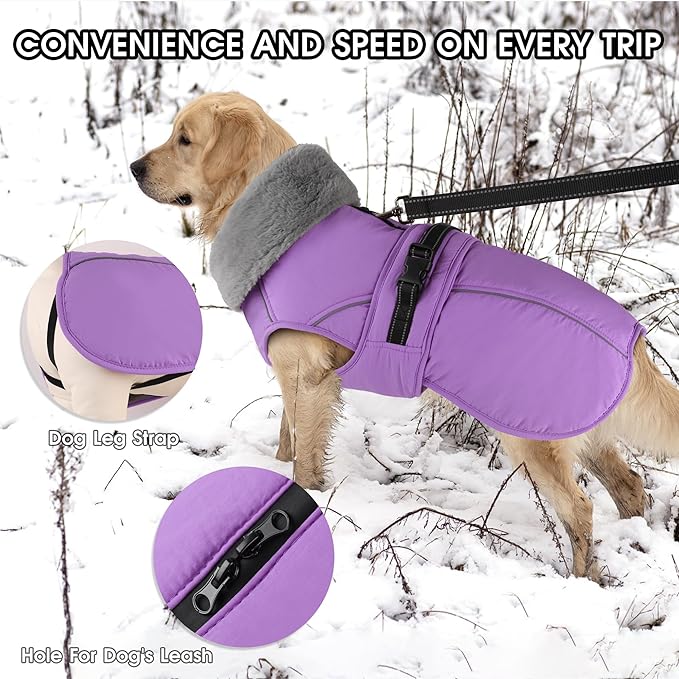 PETDSH Dog Coat Small, Windproof Dog Jacket with Warm Fleece Lining, Thickened Collar Dogs Winter Coat, Adjustable Reflective Pet Coats for Cold Weather (Purple, Small)