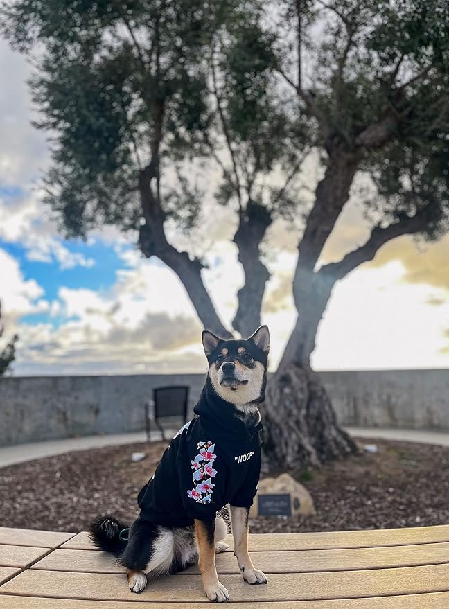 ChoChoCho Woof Dog Hoodie, Designer Dog Hoodies for Small Medium Large Breeds, Art Collection Dog Sweatshirts, Street Drawstring Hoodies Outfit Clothes for Puppy Puppies (5XL, Sakura/Black)