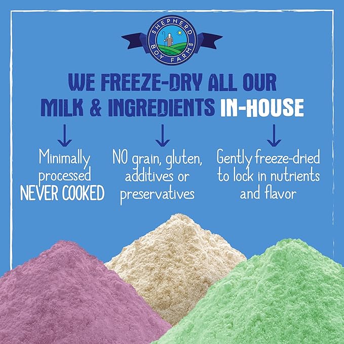 Shepherd Boy Farms Freeze Dried Raw Goats Milk with Probiotics for Dogs & Cats (Super Fruits), Organic USA Fruit, Digestible Goat Milk Powder, Raw Nutrition, High Protein Food Toppers - Makes 32 FL OZ