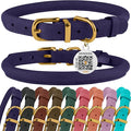 BronzeDog Rolled Leather Dog Collar with QR ID Tag, Adjustable Soft Round Collars for Small Medium Large Dogs Puppy (14" - 16" Neck Size, Violet)