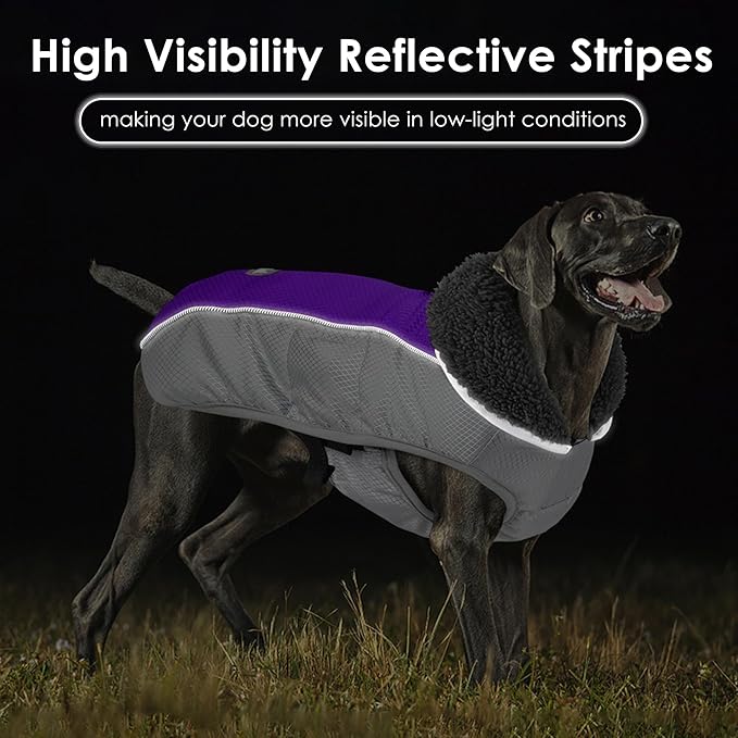 Dog Coat, Waterproof Ripstop Dog Winter Jacket with Leash Hole, Reflective Adjustable Warm Pet Fleece Snow Sweater for Small Medium Large Dogs - Purple, S