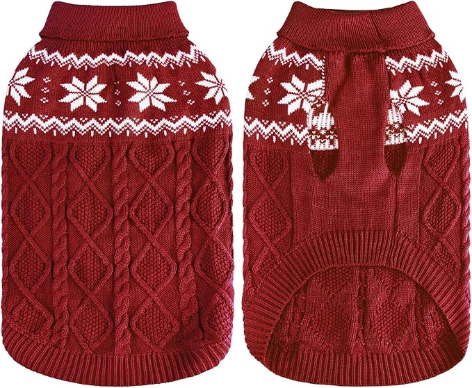 Warm Winter Pink Dog Sweater - Cold Weather Pet Clothes for Small Medium Large Dogs Indoor Outdoor, Soft Classic Knit Puppy Apparel Coat, Dark Red, XL