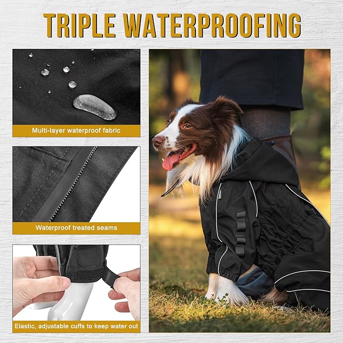 OneTigris Dog Raincoat with Hood for Medium Large Dogs, Waterproof & Reflective, 4 Legs Dog Rain Jacket Adjustable Puppy Poncho for The Rain and Snow (Black, X-Large)