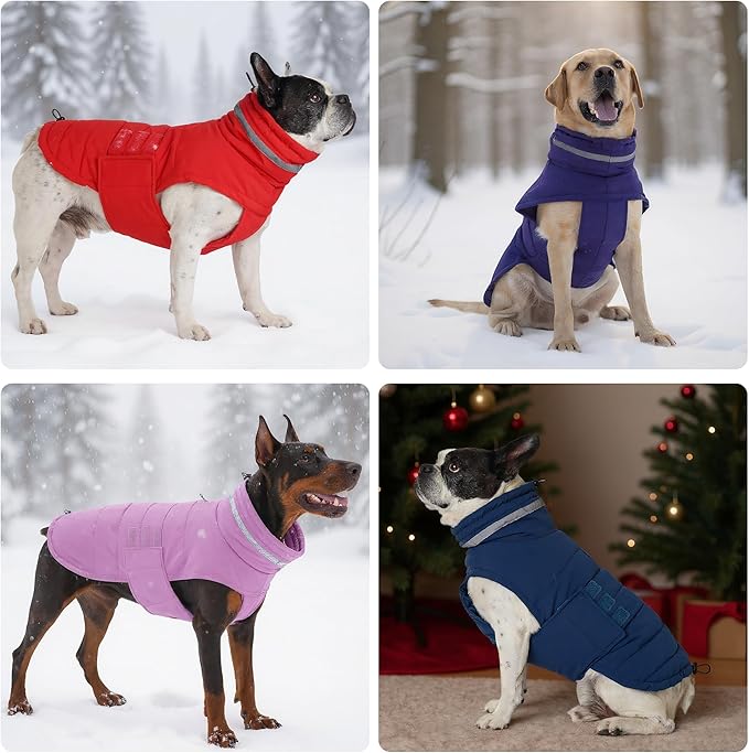 Dog Coat, Waterproof Winter Jacket, Warm Windproof Vest, Reflective Adjustable Turtleneck Coats for Medium and Large Dogs with Hook & Loop - Red - L