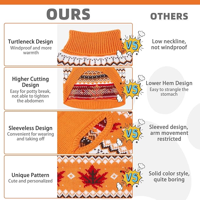KOOLTAIL Cable Knit Dog Sweater Turtleneck, Cold Weather Pullover Classic Knitwear, Thick Warm Winter Pet Clothes, Fall Maple Leaves Thanksgiving Dog Sweater for Small Medium Large Dogs Cats,Orange SM