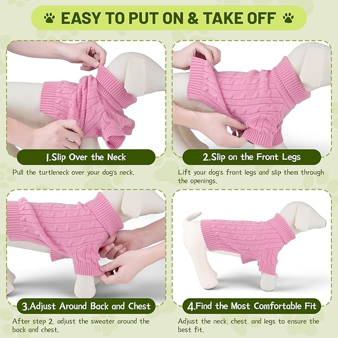 Small Dog Thermal Pullover Sweater, Classic Turtleneck Cable Knitwear Dog Clothes for Cold Weather Warm Pet Clothes for Chihuahua, Bulldog, Dachshund, Pug Pink XX-Large