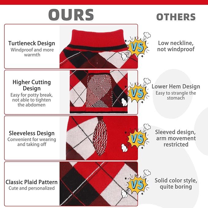 KOOLTAIL Dog Sweater Pet Knitted Clothes-Classic Plaid Pullover Turtleneck Red Fleece Dog Christmas Sweaters with Leash Hole, Thick Warm Dog Winter Clothes for Small Medium Large Dogs Cats Puppy, S