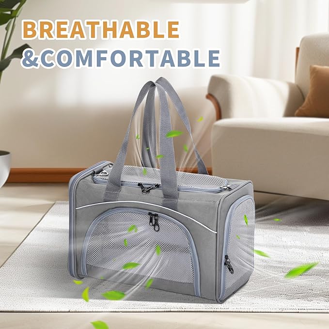 ‌Petsfit Airline Approved Pet Carrier for Small Cats, 15x8x10 TSA Approved Carrier, with Removable Dual-Sided Padding (2-Way Placement) - Fits Under Most Airplane Seats, Escape Proof (Grey)