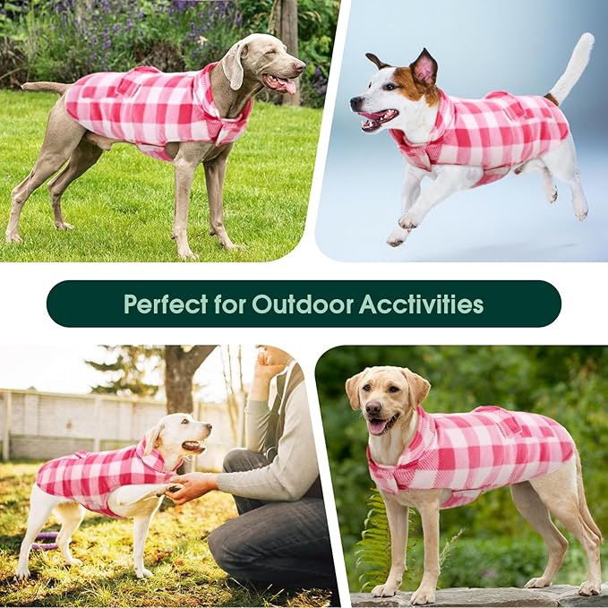 Kuoser Dog Winter Coat, Windproof Dog Fleece Jacket British Style Plaid Cold Weather Doggie Vest Coats, Reversible Cozy Warm Pet Clothes Apparel for Extra Large Size Dogs XXL