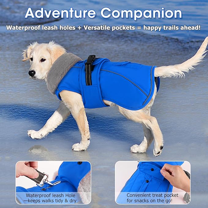 Dogcheer Dog Coat with Pocket, Waterproof Dog Jacket with Adjustable Buckle, Reflective Puppy Winter Coat Warm Turtleneck Fleece SnowJacket for Small Medium Large Dogs - Blue M