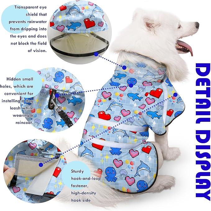 Dog Raincoat, Adjustable Rain Jacket with Hooded Double Layer for Large Medium Small Dogs Puppies, Lightweight Waterproof Rain Coat Poncho with Reflective Stripe Ocean Dolphin Blue,M