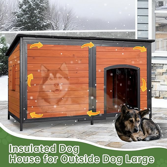 Extra Large Dog House Outdoor Weatherproof Dog Shelter Large Wooden Insulated Houses with Upgrade Anti-Chewing Iron Frame