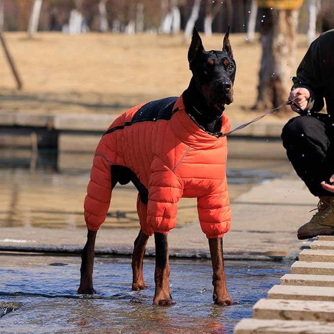 Dog Coat Dog Warm Jacket, 4 Legs Covered Waterproof Windproof Reflective Warm Dog Vest, Zippered Adjustable Outdoor Dog Snow Jacket for Small Medium Large Dogs Orange L