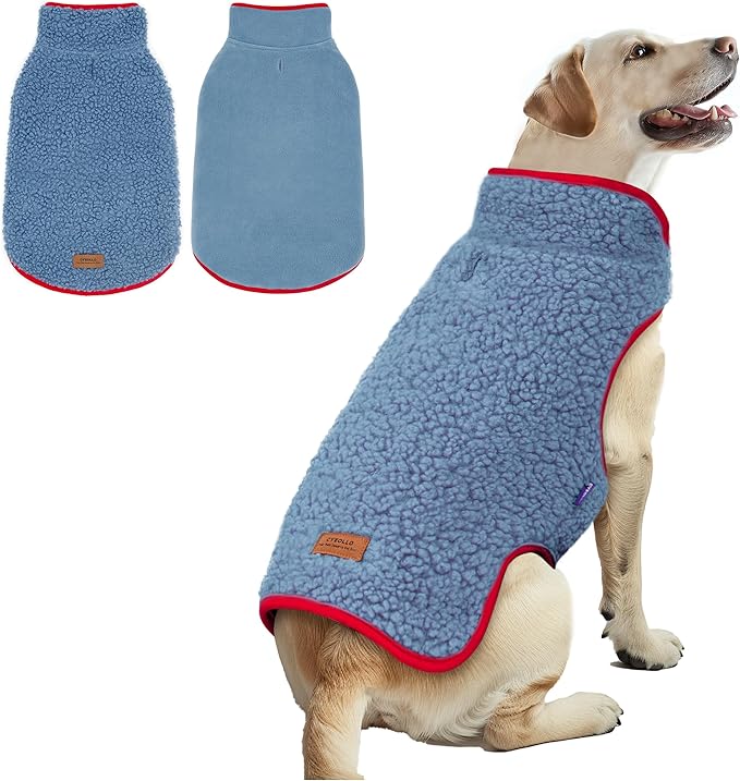 cyeollo Dog Coat Reversible Dog Jacket Winter Sherpa Dogs Sweater Clothes for Cold Weather Fleece Warm Pet Coats for Medium Dogs, Blue 2XL