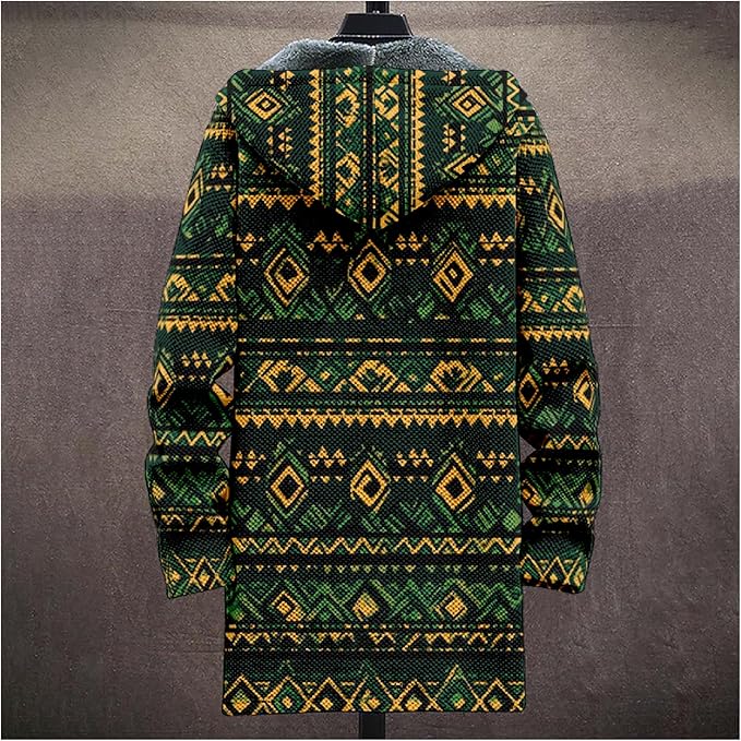 Mens Aztec Print Hoodie Heavyweight Cotton Fleece Jacket Zip Up Warm Long Sleeve Hooded Winter Midi Coat