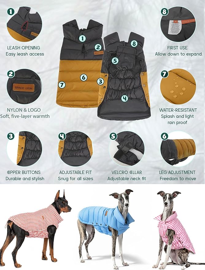 SPACE LION Dog Puffer Jacket, Down Winter Coat, Durable Outdoor Coat for Cold and Windy Conditions, Waterproof, Lightweight Jacket, Adjustable Fit for Small, Medium, Large Dogs(BlackKhaki,24/2XL)