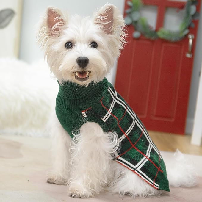 PUPTECK Dog Sweaters for Large Medium Small Dogs - Fall Classic Plaid Style Puppy Holiday Winter Coat Clothes Warm, Green, SM