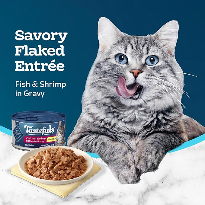 Blue Buffalo Tastefuls Flaked Wet Cat Food, Made with Natural Ingredients, Fish & Shrimp, 3-oz Cans (24 Count)
