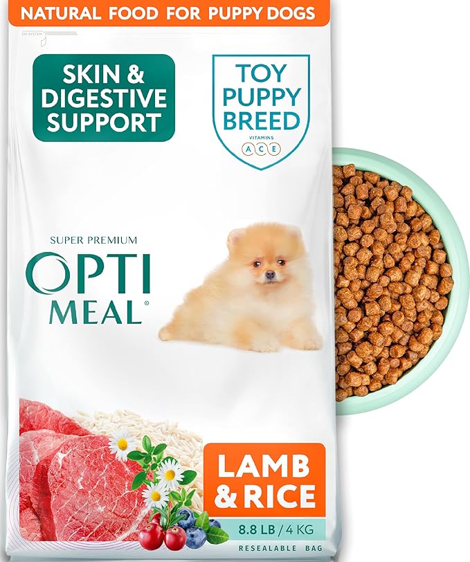 Optimeal Puppy Toy Breed Dog Food - Premium Dry Recipe for Small and Toy Breed Puppies - Skin and Digestive Support (8.8 lbs, Lamb & Rice)