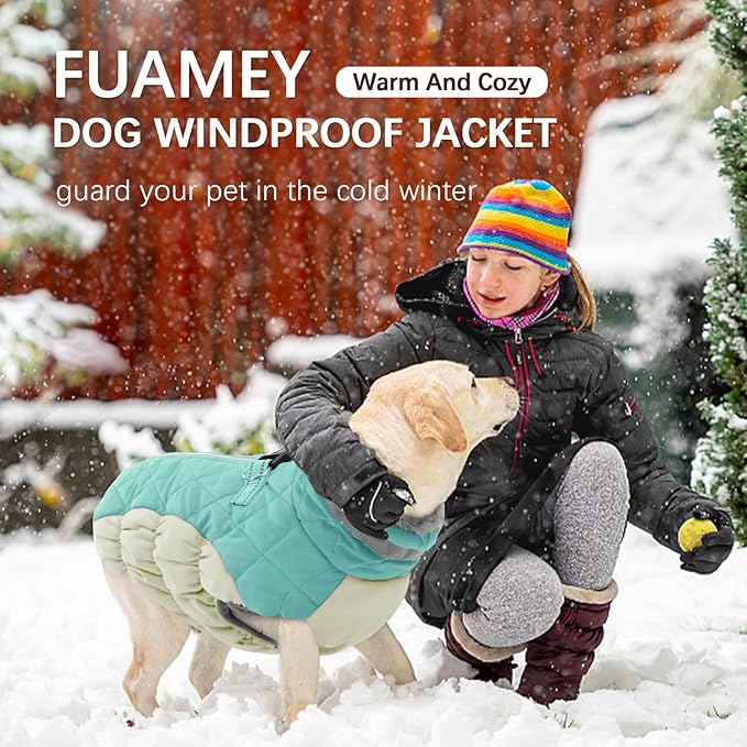 FUAMEY Dog Coat for Small Dogs,Waterproof Dog Winter Jacket with Harness Built in Puppy Cold Weather Coats Reflective Pet Vest with Zipper Warm Fleece Dogs Snowsuit Windproof Mint Green S