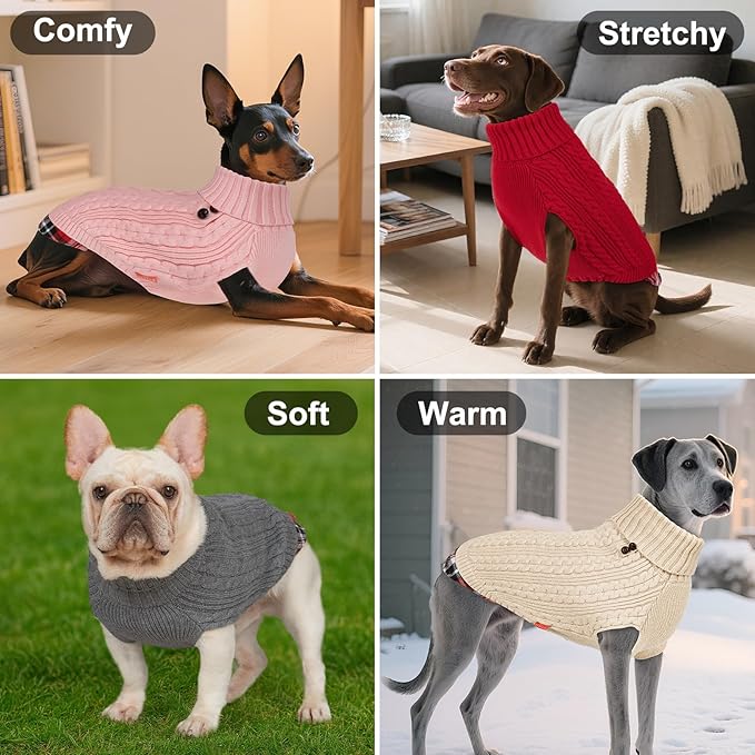KYEESE Dog Sweater Stretchy Knitwear Cat Clothes with Gingham Patchwork Thick Pet Coat for Fall Winter Cold Weather Warm Turtleneck Medium Dogs Sweater Soft Pullover Dog Sweaters for Medium Dogs Boy