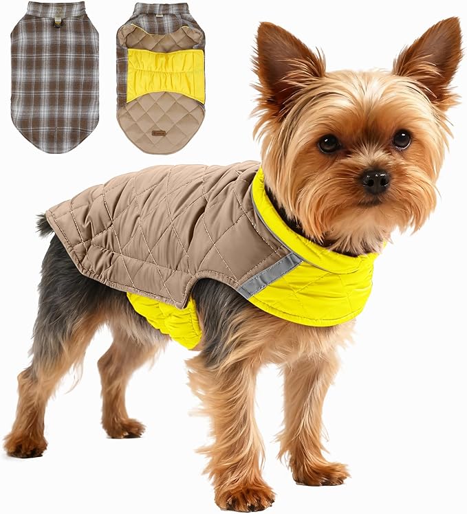 Quilted Dog Winter Coat, Plaid Lined Reversible Vest, Reflective Safety Strip, Cold Weather Pet Apparel Yellow XS