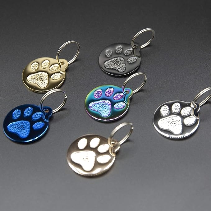 Engraved Pet Tag for Dogs and Cats - Personalized Front & Back up to 4 Lines of Text Custom Engraved ID, Round Paw Print Solid Plating Stainless Steel Rose Gold Regular