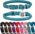 BRONZEDOG Rolled Leather Dog Collar for Small Medium Large Dogs with QR ID Tag (L: 16-18 Inch, Teal)
