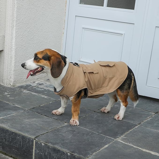 Workwear Style Dog Coats with Harness Built in for Small Dogs Windproof Warm Puppy Jacket with Storage Pockets for Cold Winter,LightBeige M